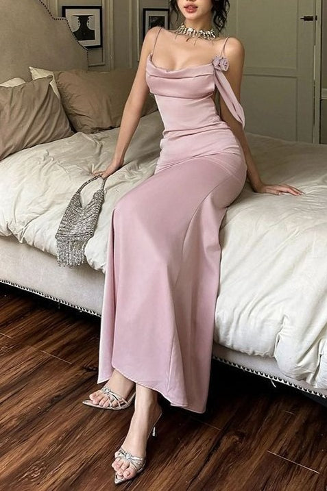 Asymmetrical Neck Satin Cowl Mermaid Gown Silk Dress
