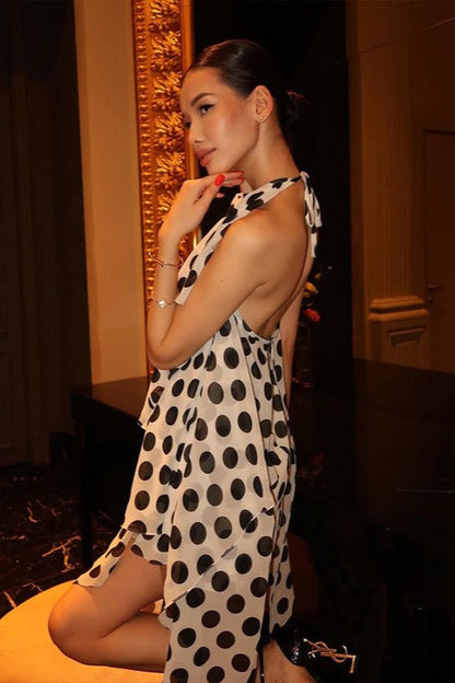Elegant Polka Dot Halter Sleeveless Maxi Dress