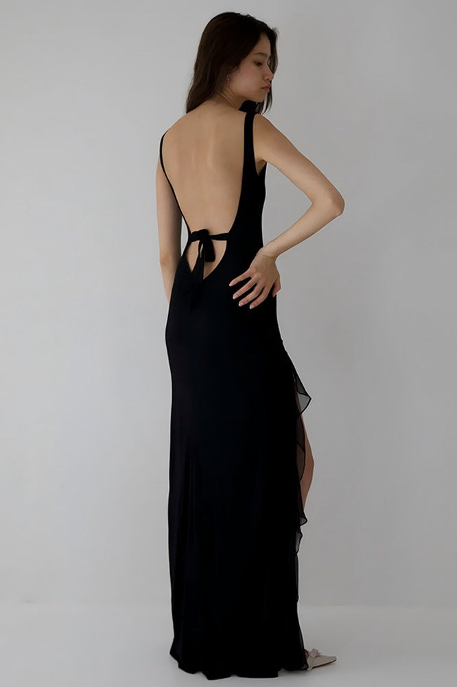 High Slit Ruffle Slip Dress
