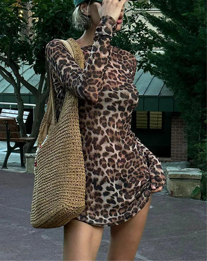 Leopard Two Piece Mesh See Through Mini Dress