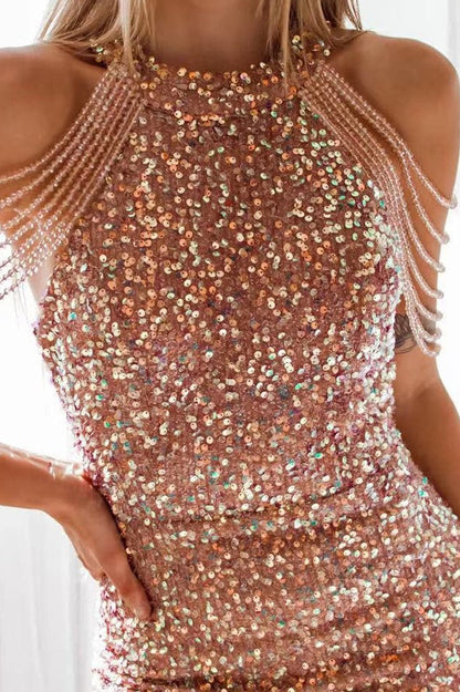 Sexy Crystal Fringe Halter Sequin Bodycon Cocktail Dress