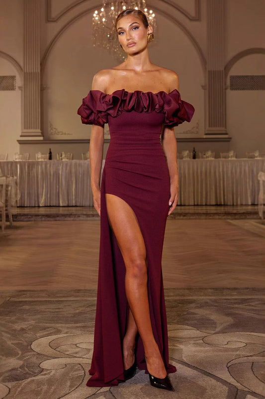 Elegant Off Shoulder Ruched Bodycon Mermaid Split Formal Dress