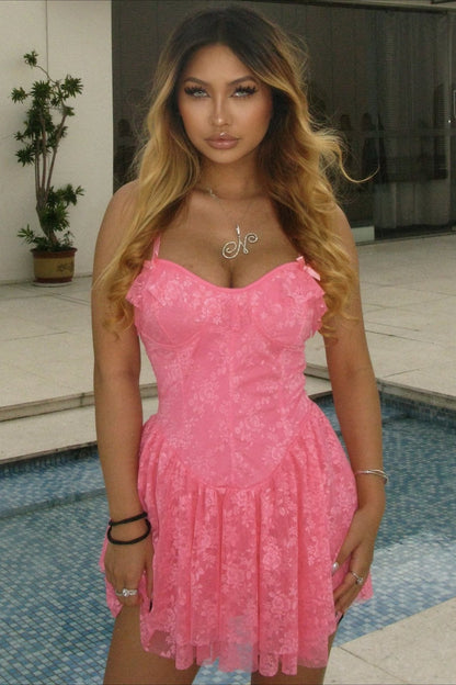 Sexy Solid V Neck Ruffled Lace Dress