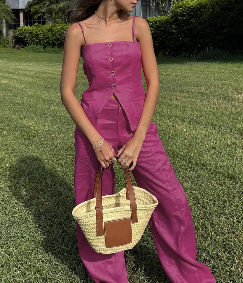 Pink Cotton Wide Leg Pant Suit