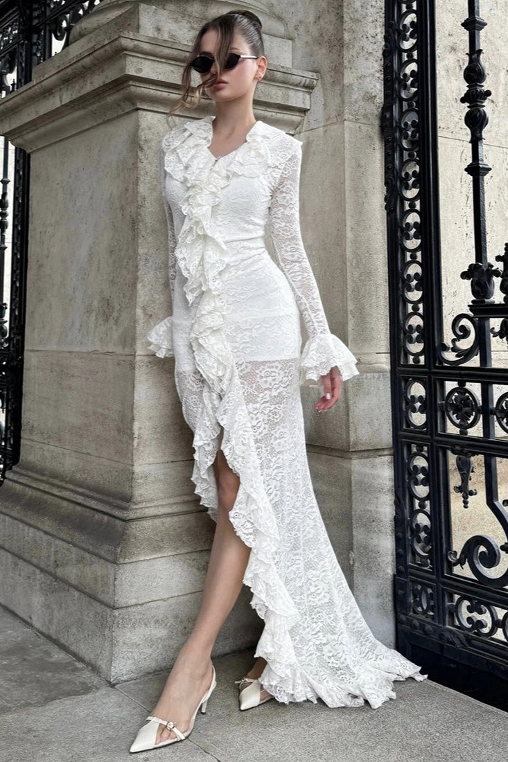 Sheer Panel Fluted Sleeve Party Dress