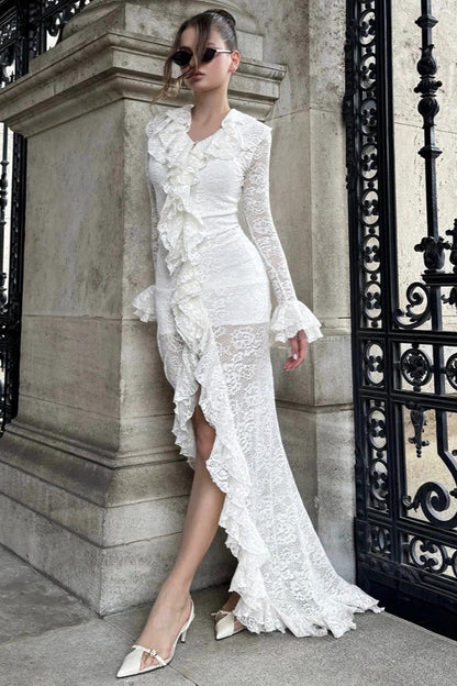 Sheer Panel Fluted Sleeve Party Dress