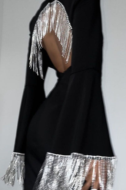 Chic Black Fringe Back Cutout Bell Sleeve Midi Cocktail Dress