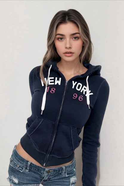 Letter Print Zip-Up Cropped Hoodie