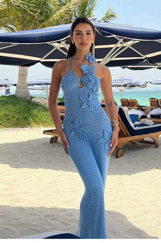 Sexy Cut-Out Halter Appliqué Fitted Bodycon Maxi Sweater Dress