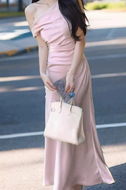 Satin Asymmetrical Cowl Neck Mermaid Gown Silk Dress