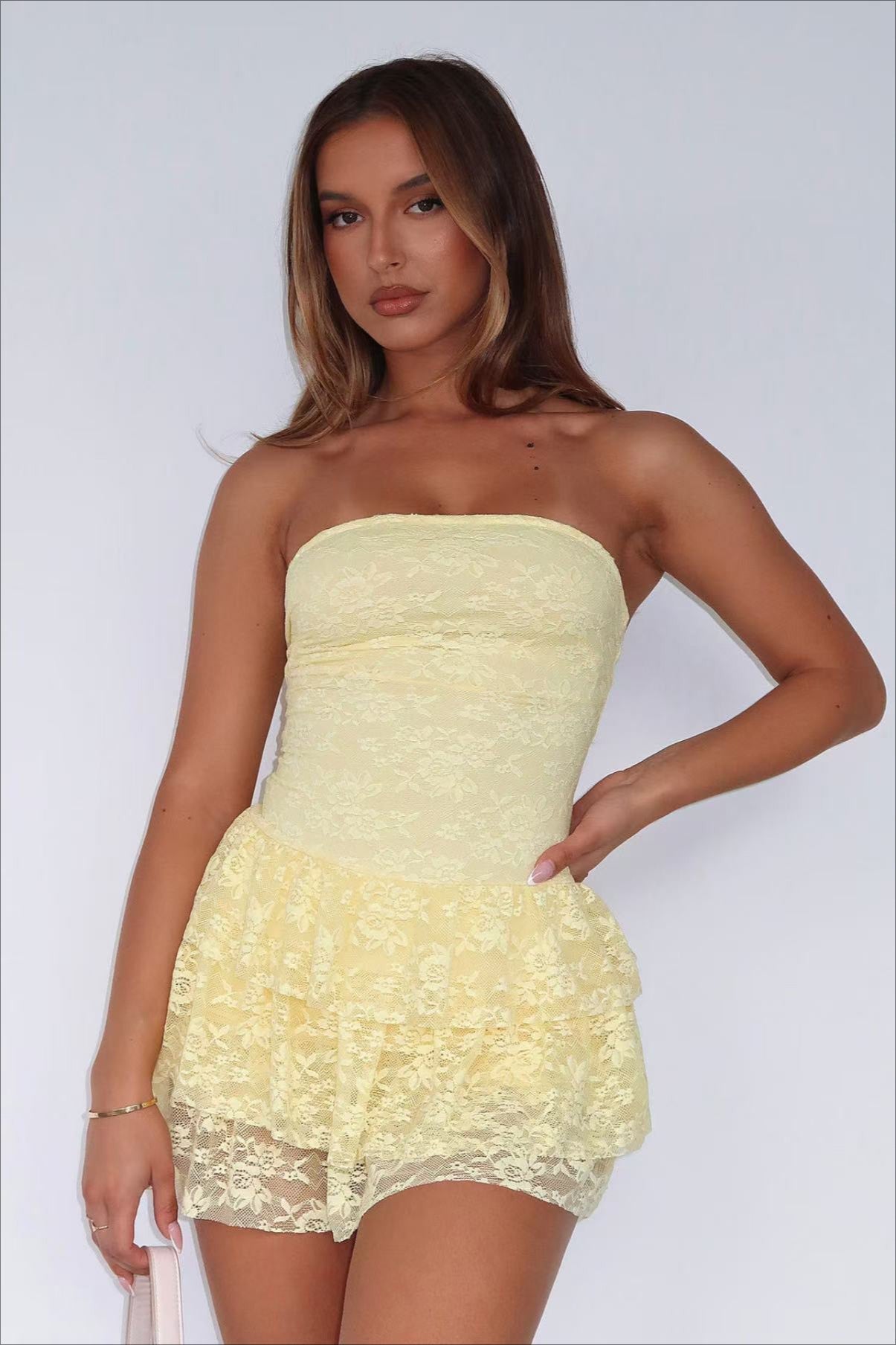 Sexy Strapless Waist Tie Lace Dress
