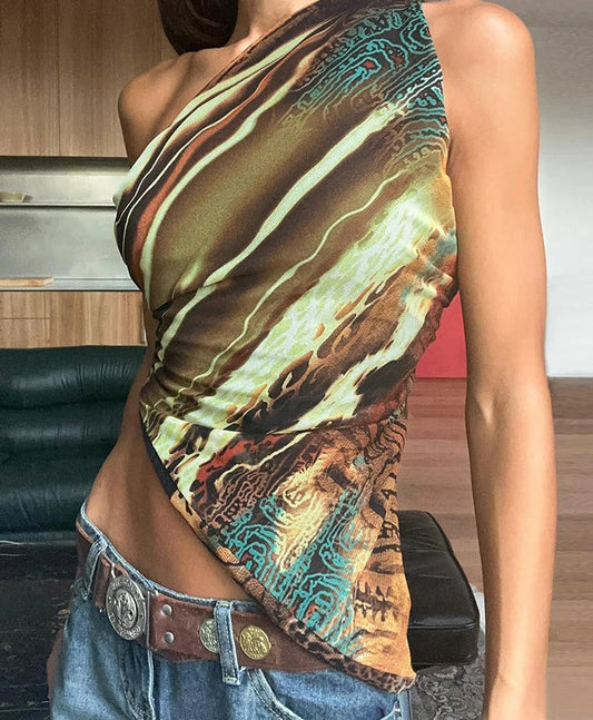 Irregular Print Mesh Sheer Top