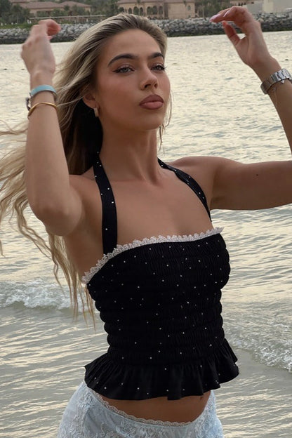 Polka Dot Ruffled Halter Tie Crop Top