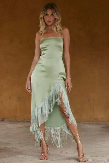 Sexy Solid Sling Backless Tie Fringe Asymmetrical Midi Cocktail Dress