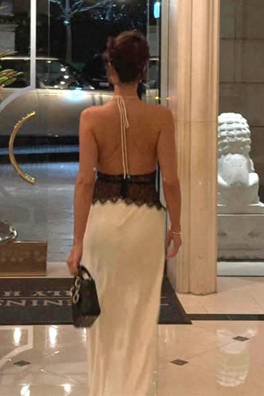 Deep V High-Waist Halter Backless Midi Silk Dress