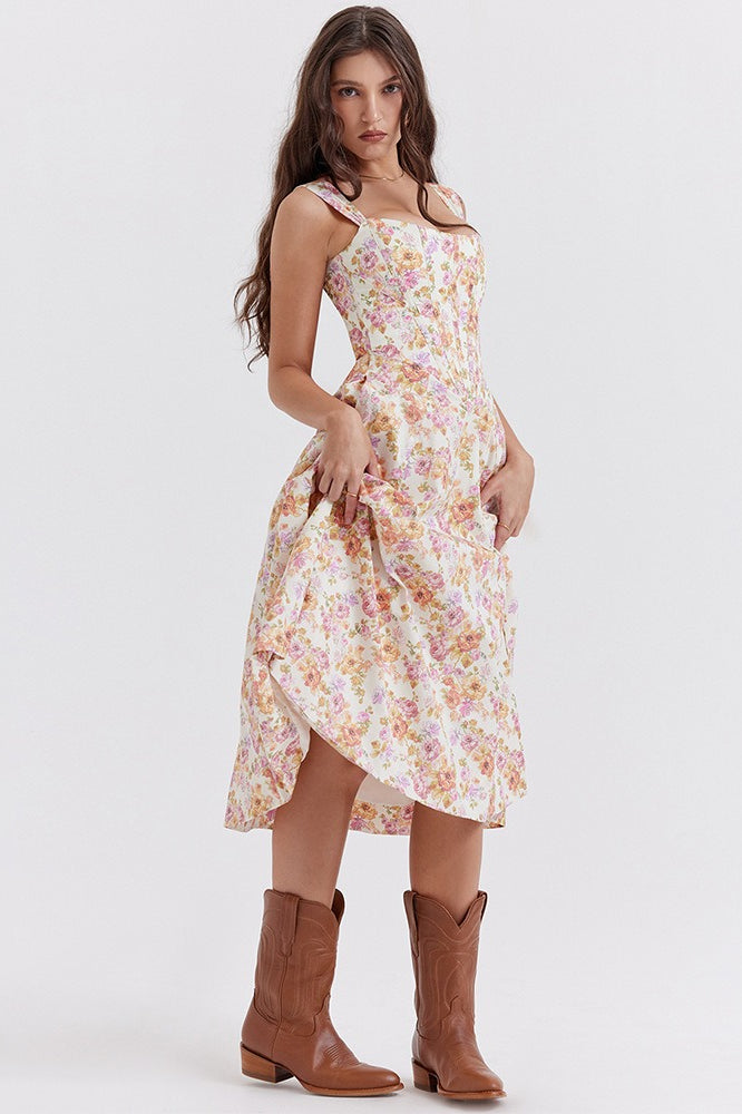 Floral Boned Spaghetti Strap Party Dress