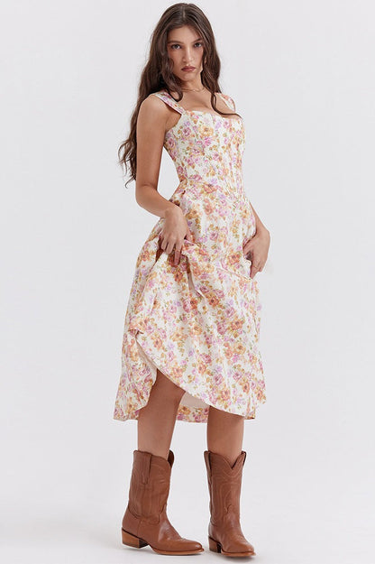 Floral Boned Spaghetti Strap Party Dress