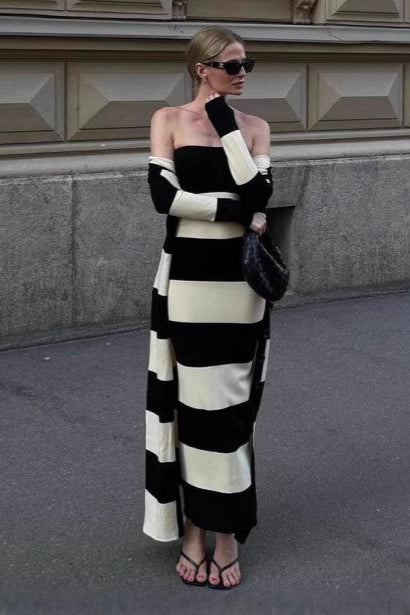 High-Waisted Knit Striped Work Dress