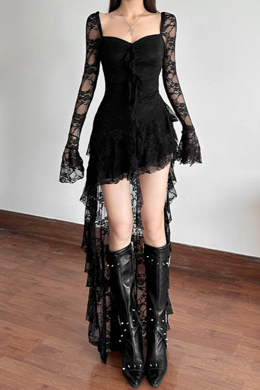Long Sleeve Irregular Hem Lace Dress