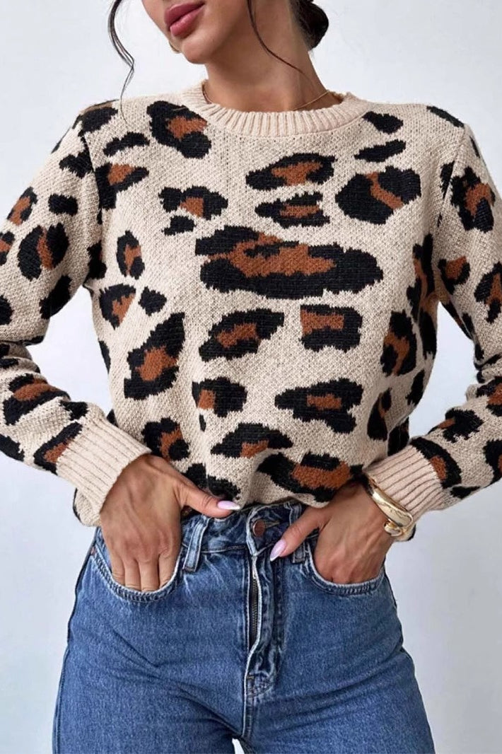 Contrast Leopard Crew Neck Sweater