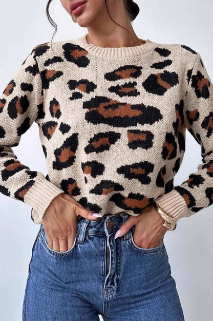 Contrast Leopard Crew Neck Sweater