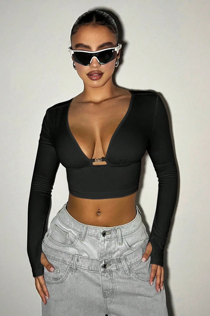 Deep V Hollow Buckle Crop Top