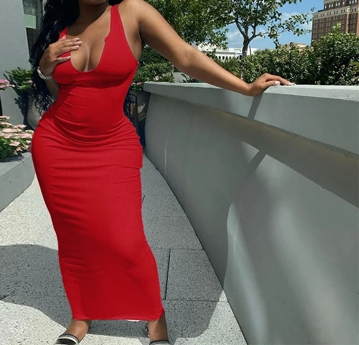 Ribbed Stripe Sleeveless V-neck Midi Dress