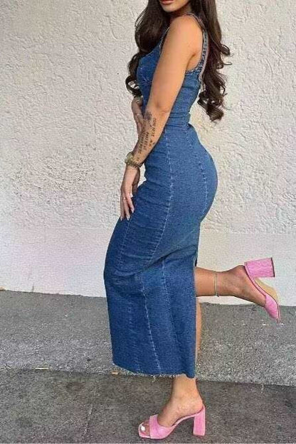 Strappy Zip Back Denim Dress