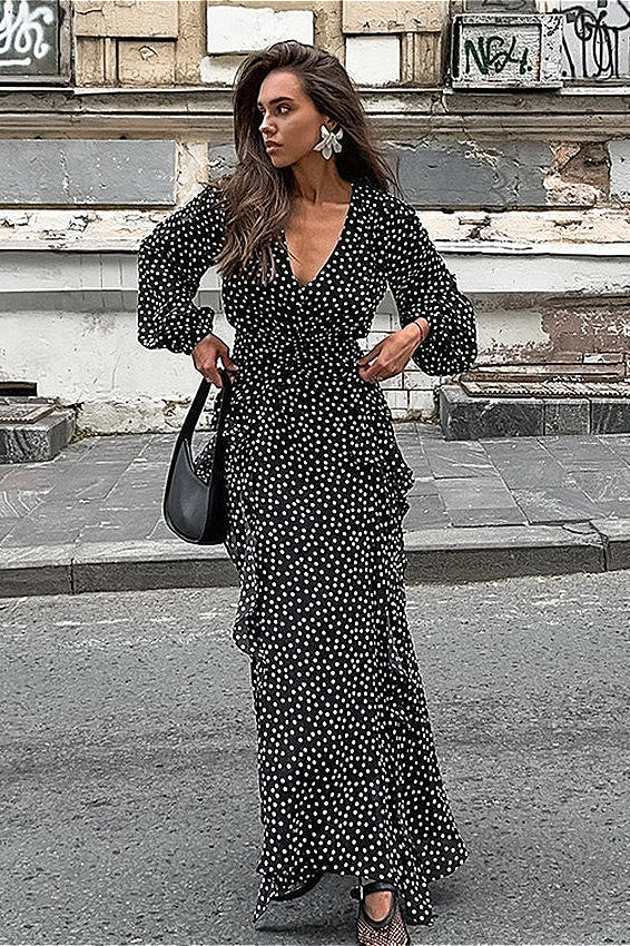 Vintage V-Neck Polka Dot Puff Sleeve A-Line Maxi Dress