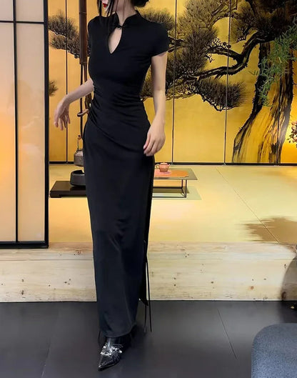 V Neck Button Slit Maxi Dress