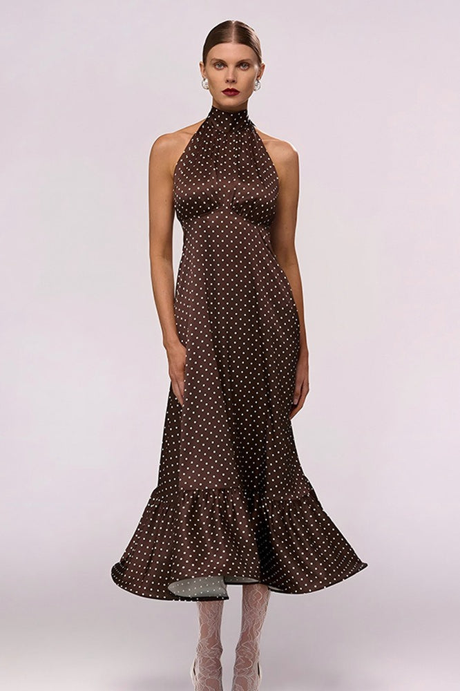 French Style Polka Dot Satin Backless Silk Dress