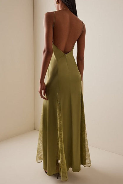 Lace-Panel V-Neck Slim-Fit Maxi Chic Silk Dress