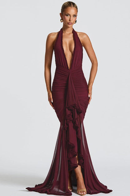 Elegant Mesh Paneled V Neck Halter Backless Long Formal Dress