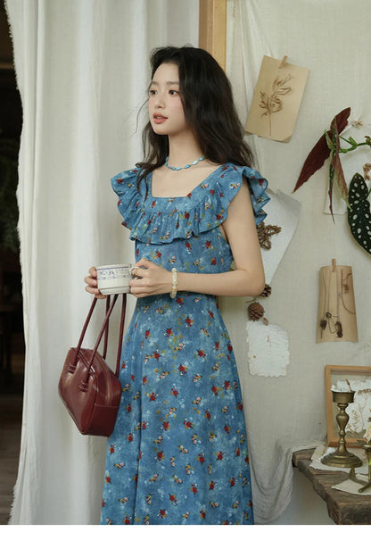 V-Neck Ruffled Midi Floral Dress