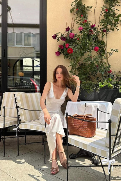 Lace Cutout White Halter V-Neck Mermaid Silk Dress