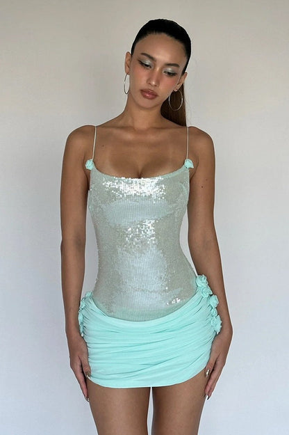 Sexy Sheer Sling Slim Floral Sequin Dress