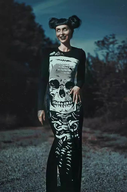 Gothic Skull Long Sleeve Slit Dress