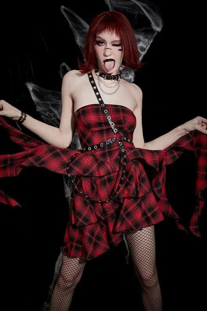 Halloween Sexy Red Black Plaid One Shoulder Dress