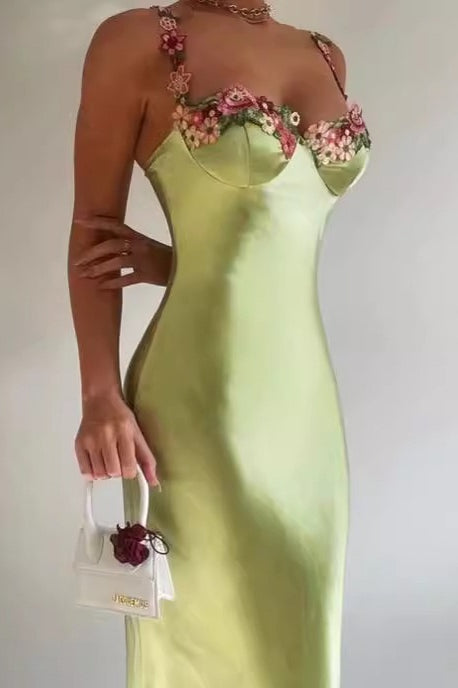 Sexy Bodycon Backless Satin Lace-Trim Cami Maxi Silk Dress