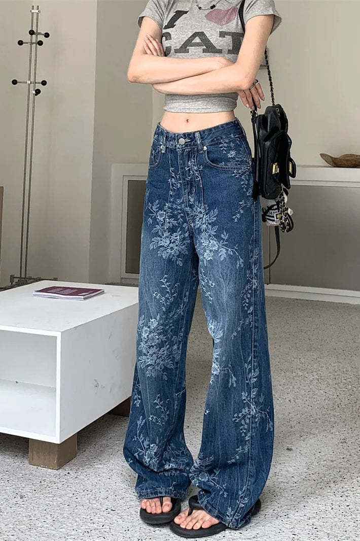 Relaxed Floral Print Palazzo Jeans