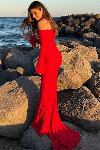 Lace Bustier Bell Sleeve Maxi Dress