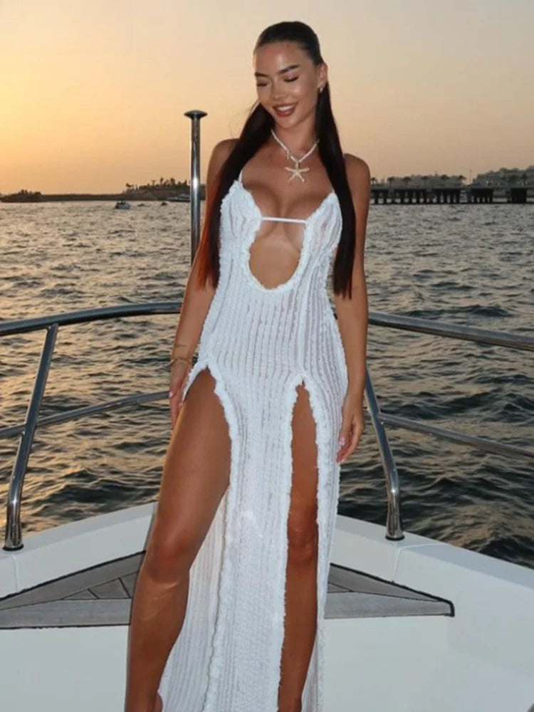 Ruched Camis Solid Split Midi Dress