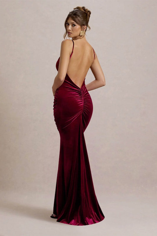 Velvet Ruched Low-Back Party Dress