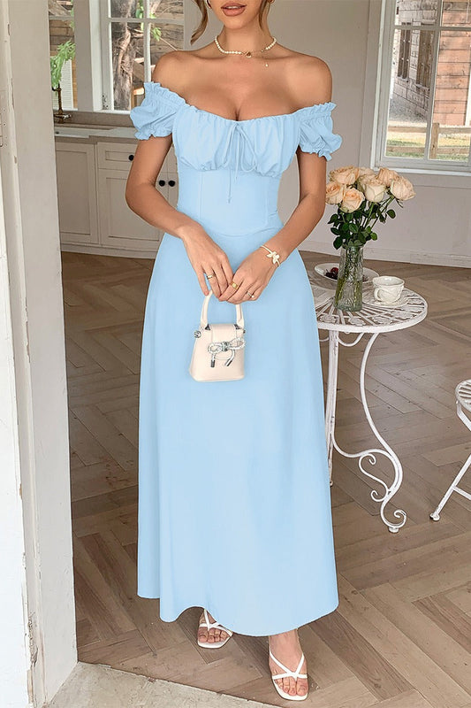 Ruched Puff Sleeve Maxi Work Dress