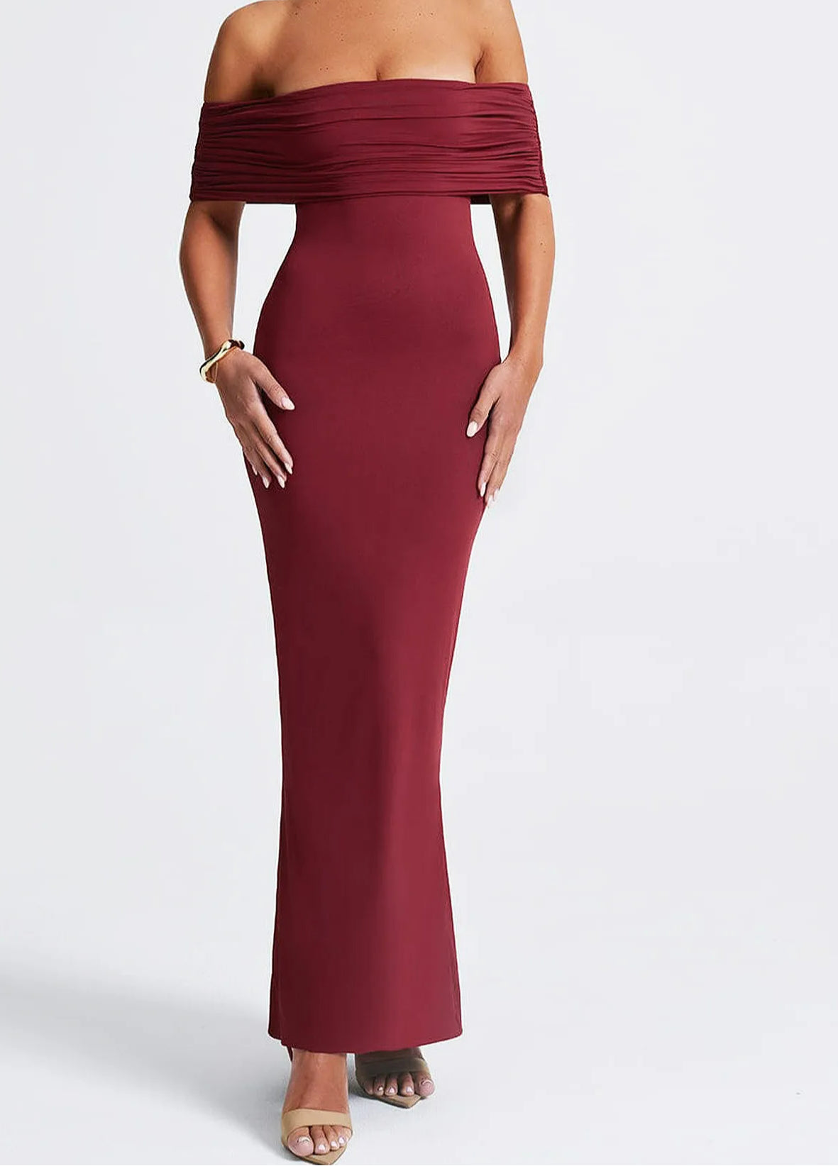 Slash Neck Backless Ruched Maxi Dress