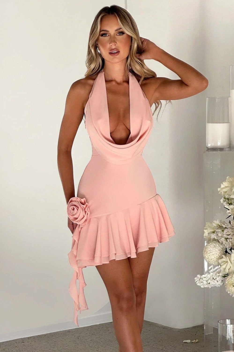 Sexy Cowl Neck Tie up Floral Cocktail Dress