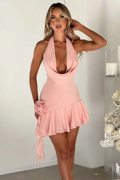 Sexy Cowl Neck Tie up Floral Cocktail Dress
