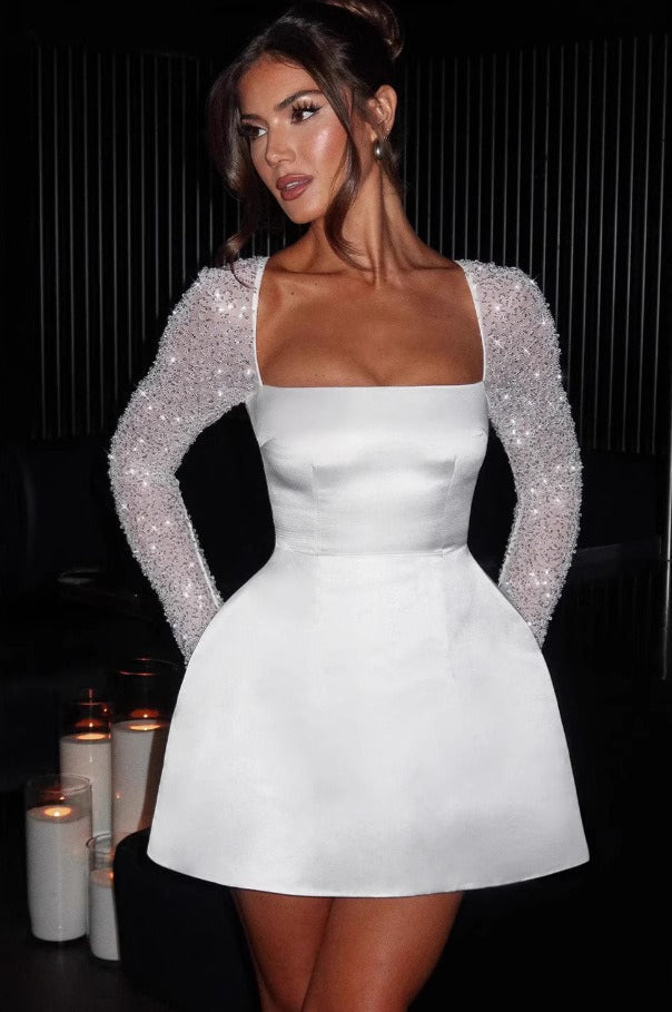 Sexy Plunging Solid Square Neck Lace Panel Long Sleeve Cocktail Dress