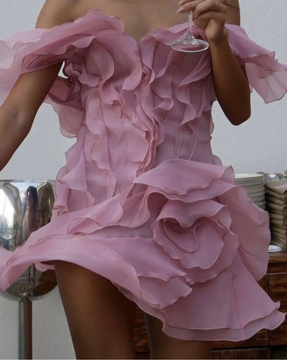 Ruffle Backless Mesh Prom Mini Dress