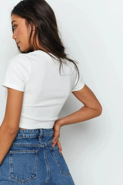 O-Neck Knit Short Sleeve Crop Top